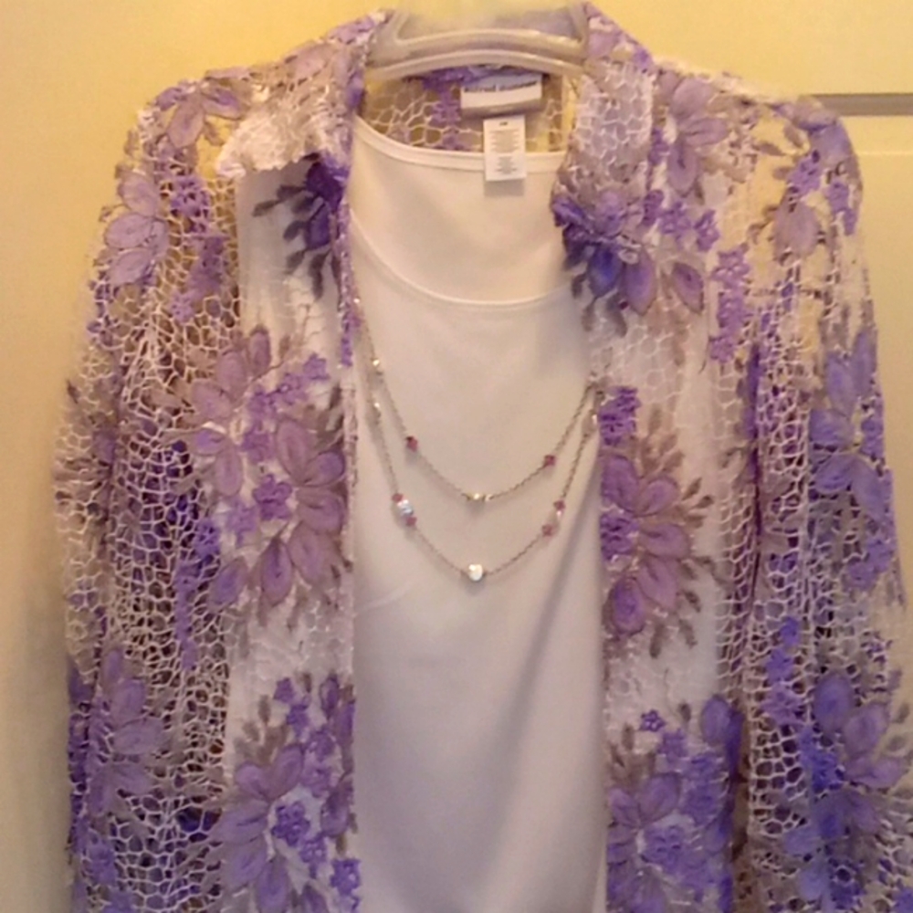 NEW  3 PIECE - WHITE TOP, LAVENDER, PURPLE, GRAY & WHITE EMBROIDERED JAC…